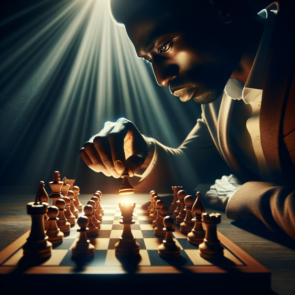 Professional chess player employing advanced chess strategies and tactics for a strategic approach in chess, preparing for a checkmate in 4 moves to secure a chess victory.