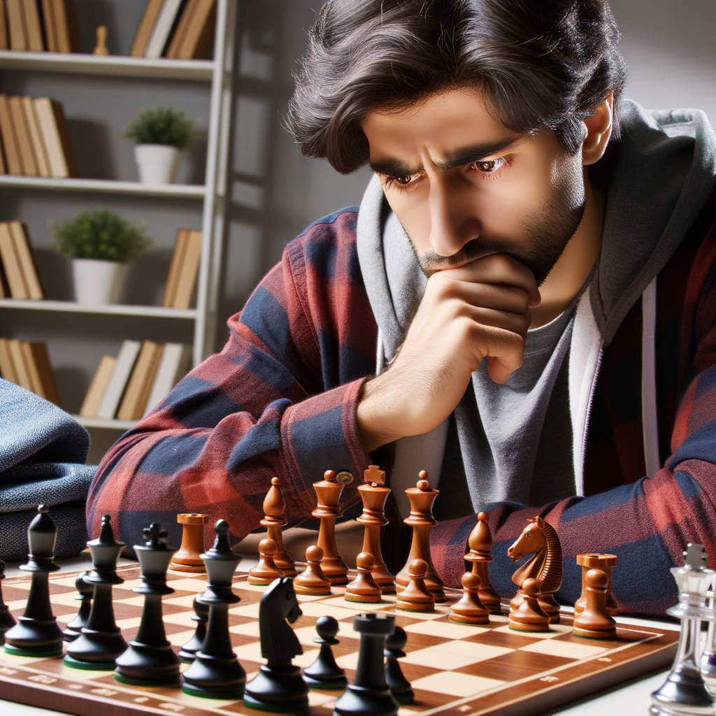 Professional chess player contemplating advanced chess strategies against the Philidor Defense in a strategic chess battle, showcasing chess defense strategies and tactics for mastering chess.