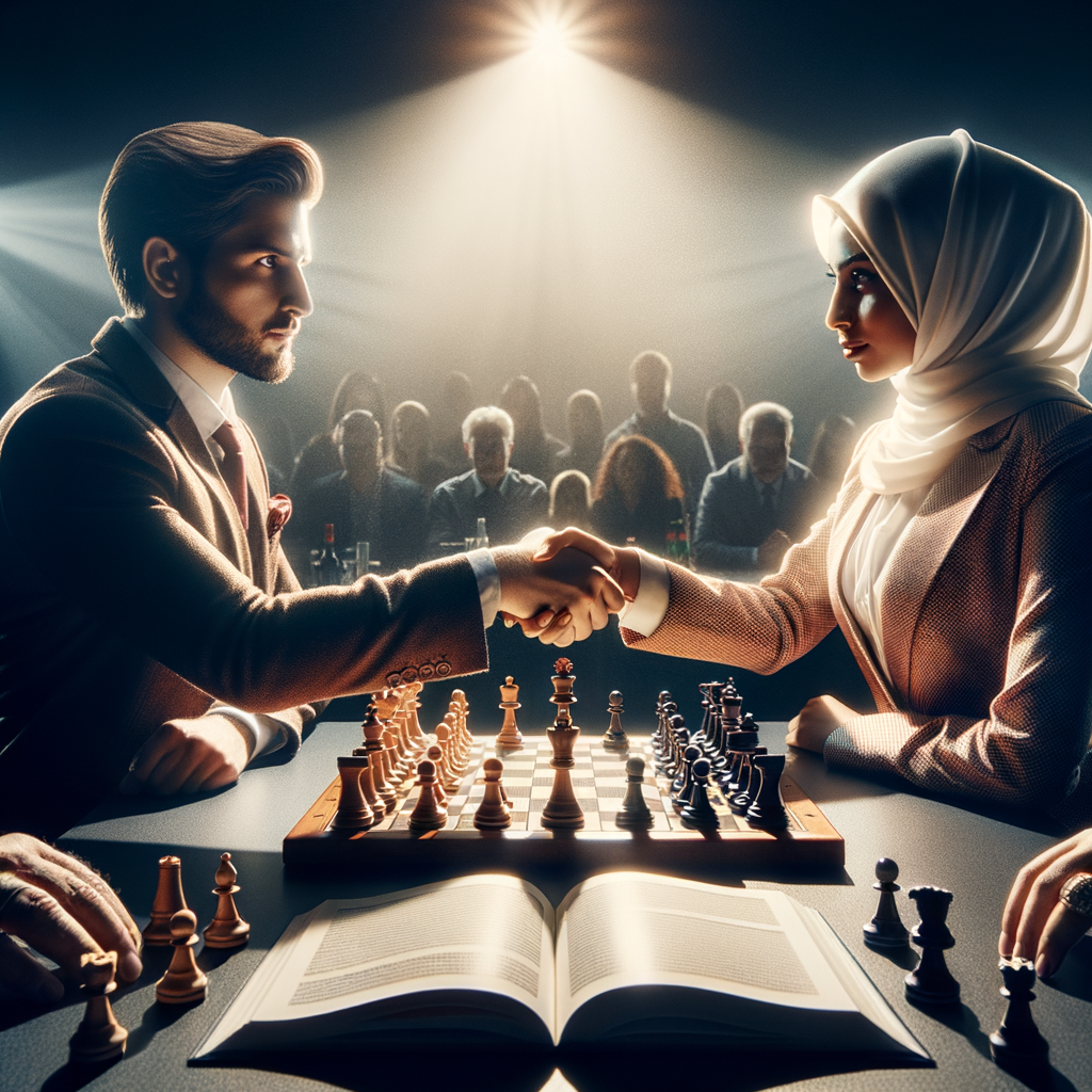 Chess players shaking hands before initiating the first move in a game, adhering to chess etiquette rules as outlined in a guidebook, demonstrating understanding of who goes first in chess.