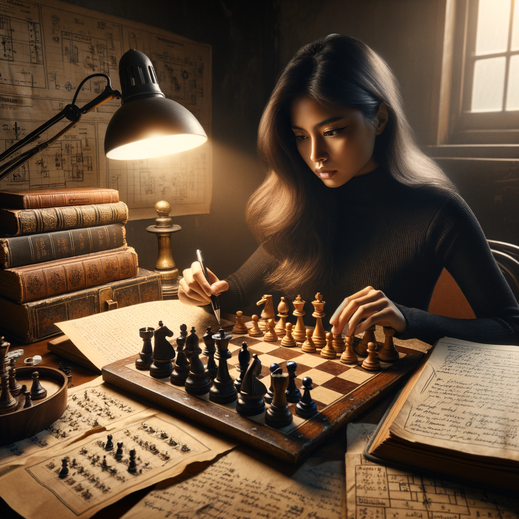 Professional chess player mastering chess endgame strategies and techniques, studying chess final moves with books and computer training for chess endgame mastery, symbolizing the path to chess excellence.