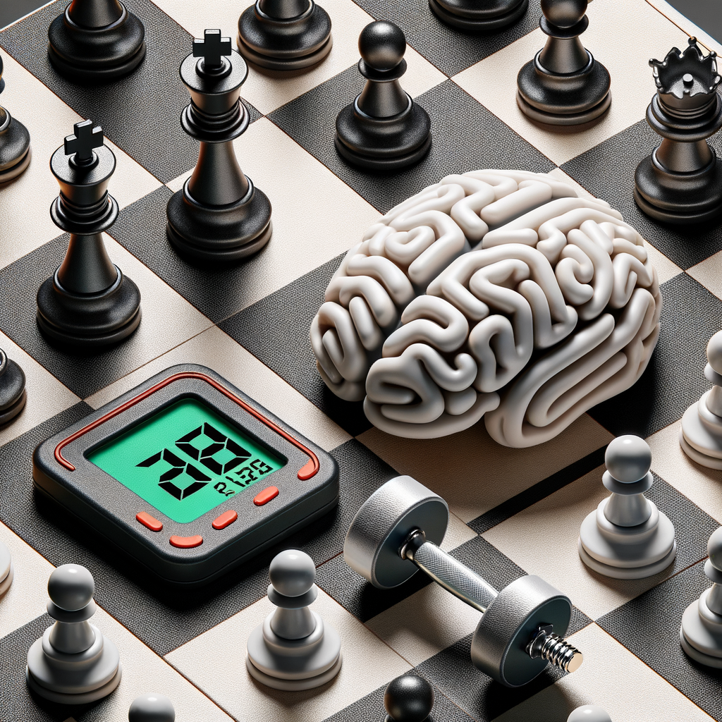 Chessboard secrets revealing chess calorie burn, mental workout in chess, and health benefits of chess through strategic placement of pieces and fitness elements like calorie counter and brain-shaped dumbbell.