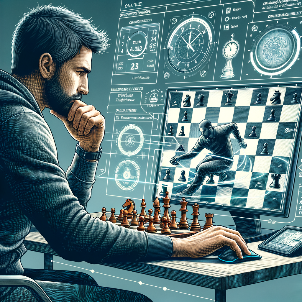 Focused chess player mastering chess timer techniques during an intense online chess match, highlighting time management strategies to improve online chess performance.