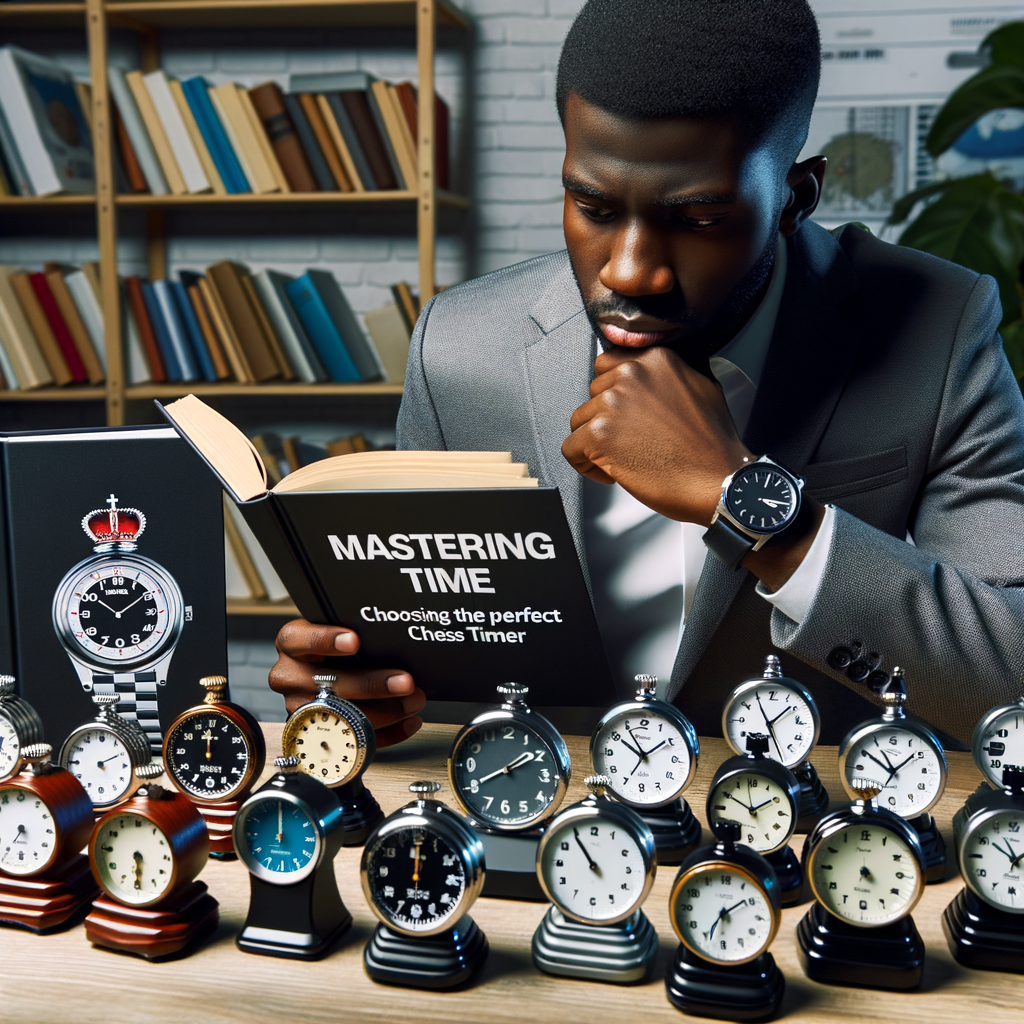 Chess professional studying top-rated timers for a Chess Timer Guide, symbolizing the importance of Mastering Chess Time and Chess Clock Selection for the Perfect Chess Timer.