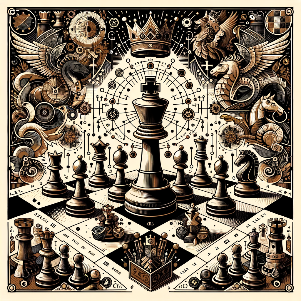 Professional illustration of a chess board game demonstrating the King's movement in chess, highlighting the King's power and role, as well as its limitations, in line with chess game strategies and rules for better understanding of chess pieces movement.