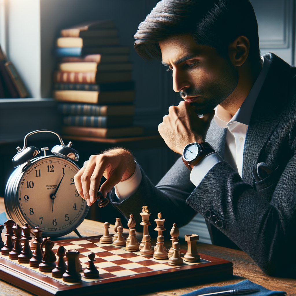 Professional chess player mastering chess clock strategies during a competitive chess play, demonstrating the importance of chess timer and effective chess time control strategies in tournaments.
