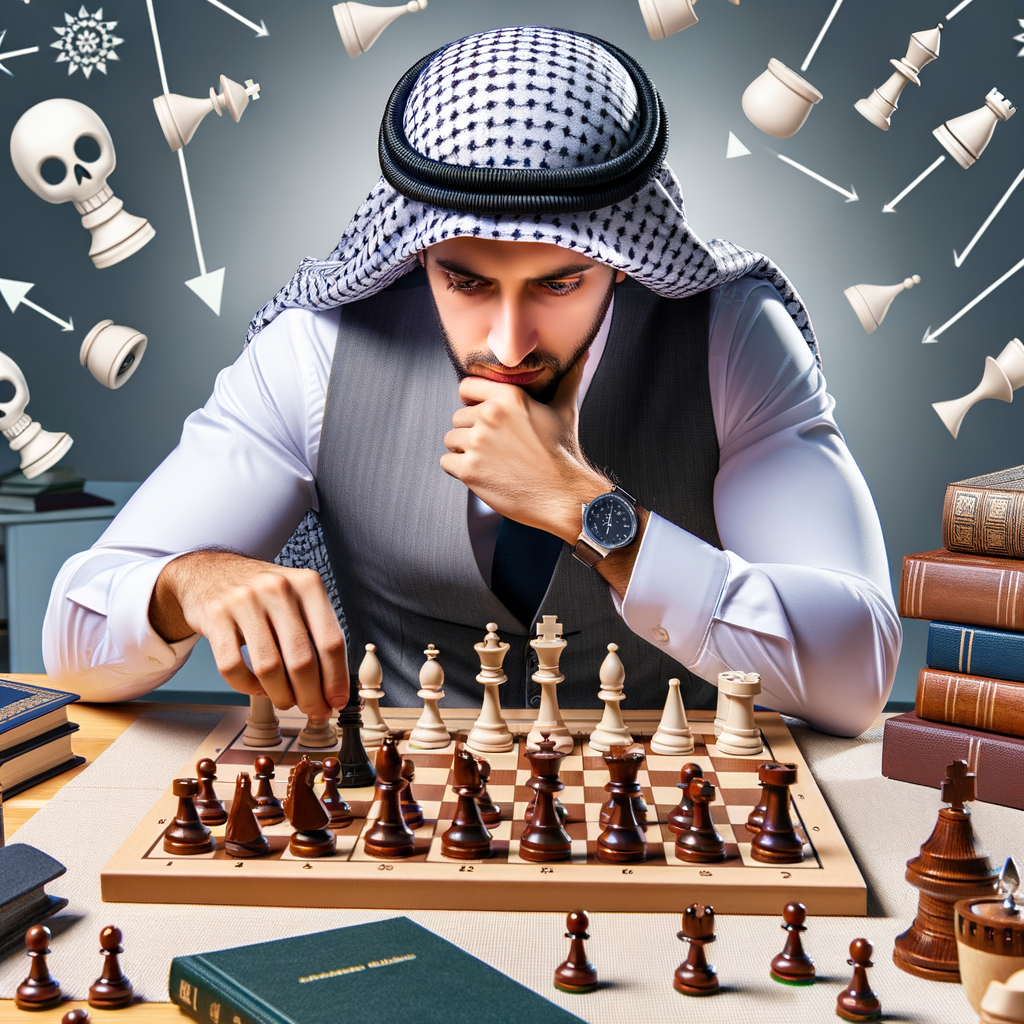 Professional chess player mastering Scandinavian Gambit strategies and advanced chess tactics, improving chess skills through understanding the Scandinavian Defense in chess, surrounded by chess Scandinavian Gambit guides.