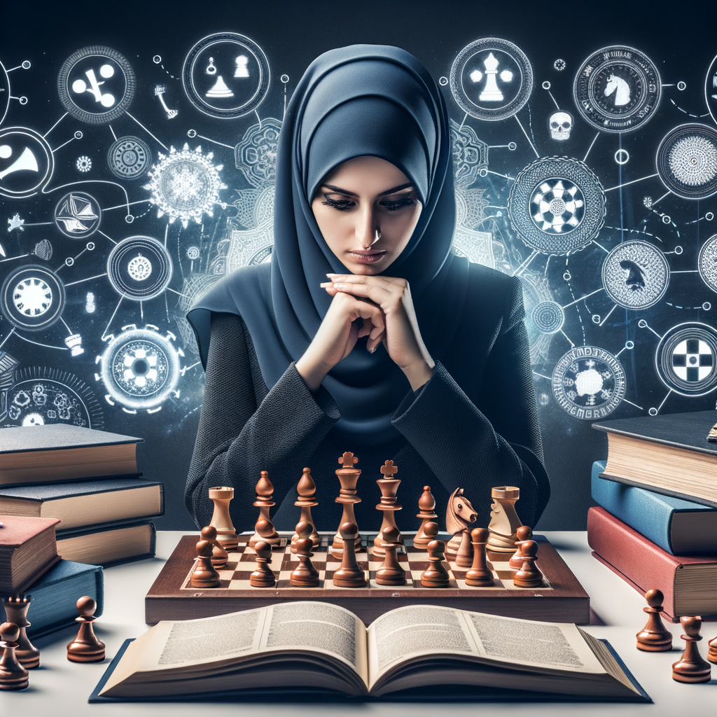 Professional chess player engrossed in game, surrounded by chess learning guides and books, demonstrating mastering chess techniques and strategies for a comprehensive chess guide.