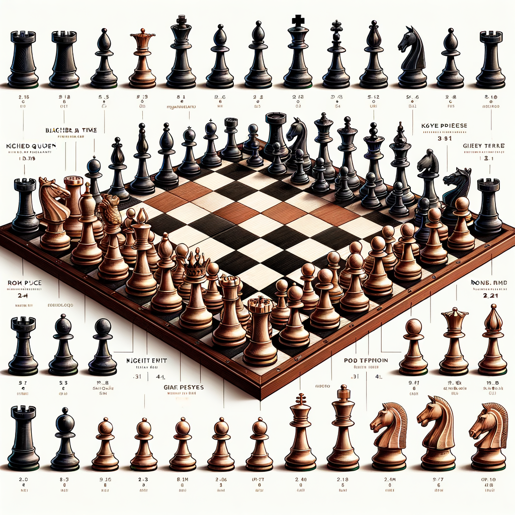 Professional illustration of a chess board setup with chess game pieces distribution and count, aiding in understanding chess game rules and structure for demystifying the basics of chess.