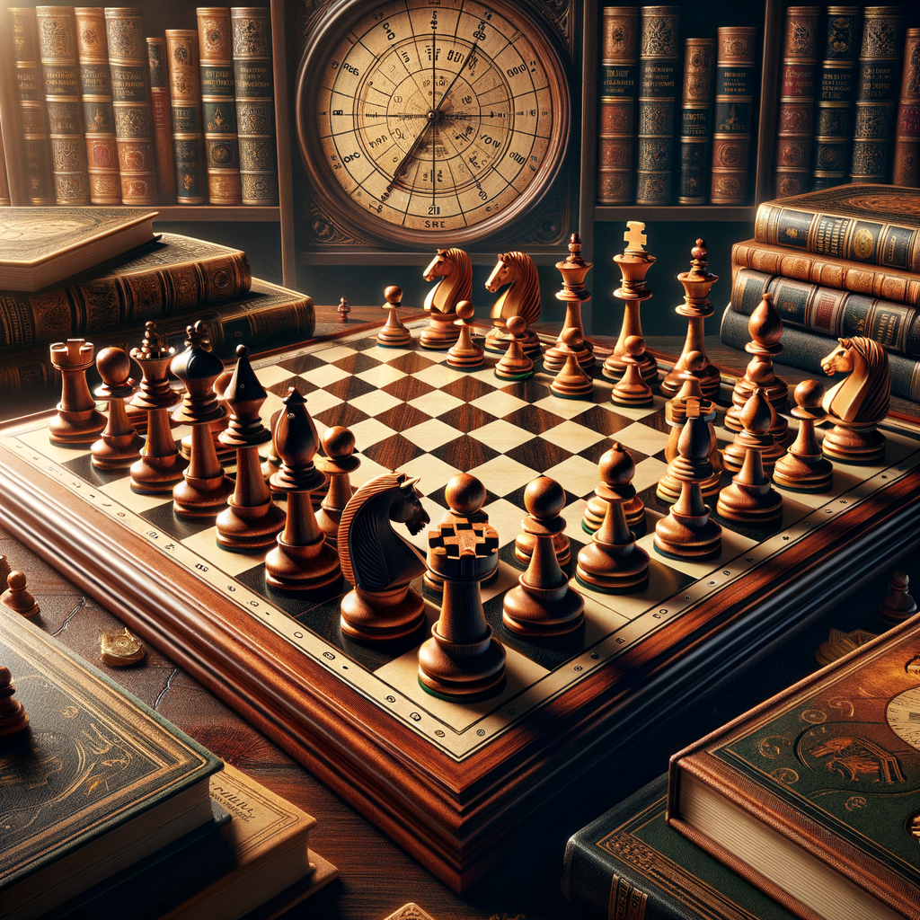 Advanced chess strategies illustrated on a grand chess board during a critical endgame, surrounded by chess strategy guides and books symbolizing the journey to mastering chess and achieving chess triumph.