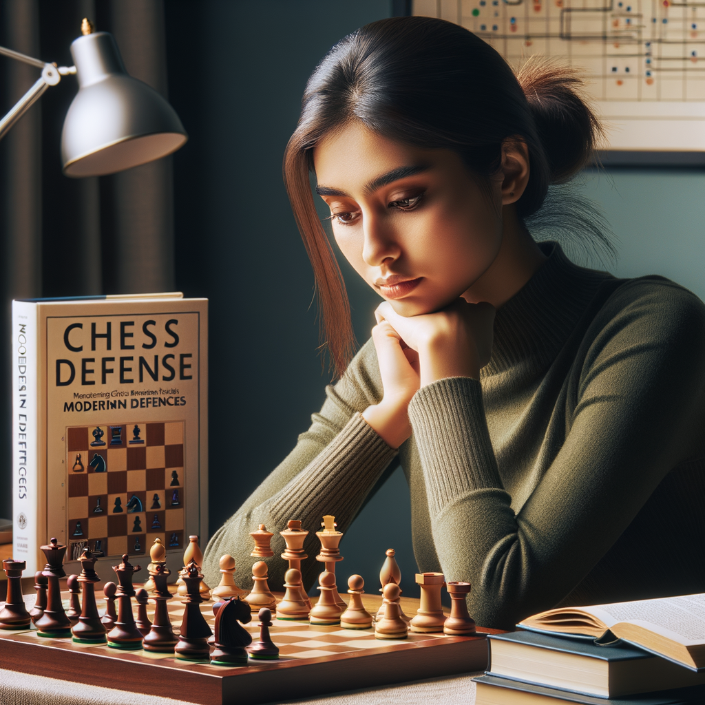 Professional chess player mastering Modern Defense Chess and Advanced Chess Strategies, demonstrating Chess Defense Tactics and Modern Chess Defense for Chess Triumph Strategies, with Chess Strategy Guide and Chess Mastery Techniques book in the background.