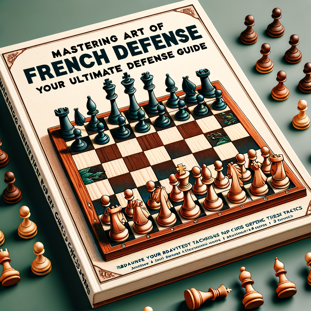 Chessboard illustrating French Defense chess strategy in a critical game moment, with 'Mastering the Art of Chess: Your Ultimate French Defense Guide' book for mastering chess strategy and understanding advanced chess tactics.