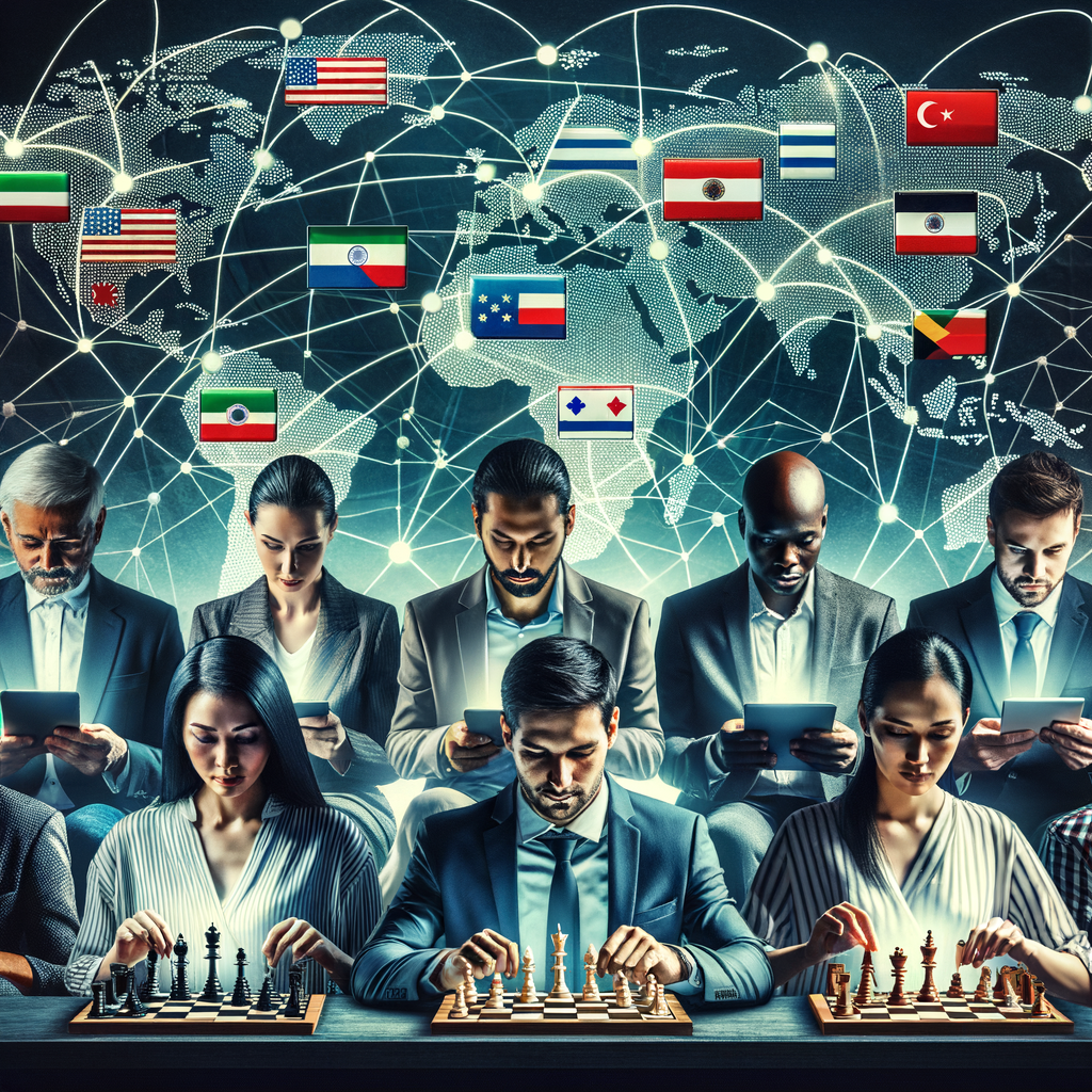 Diverse individuals engrossed in online chess games, symbolizing international chess battles and worldwide competitions, highlighting the global chess network connecting players globally.