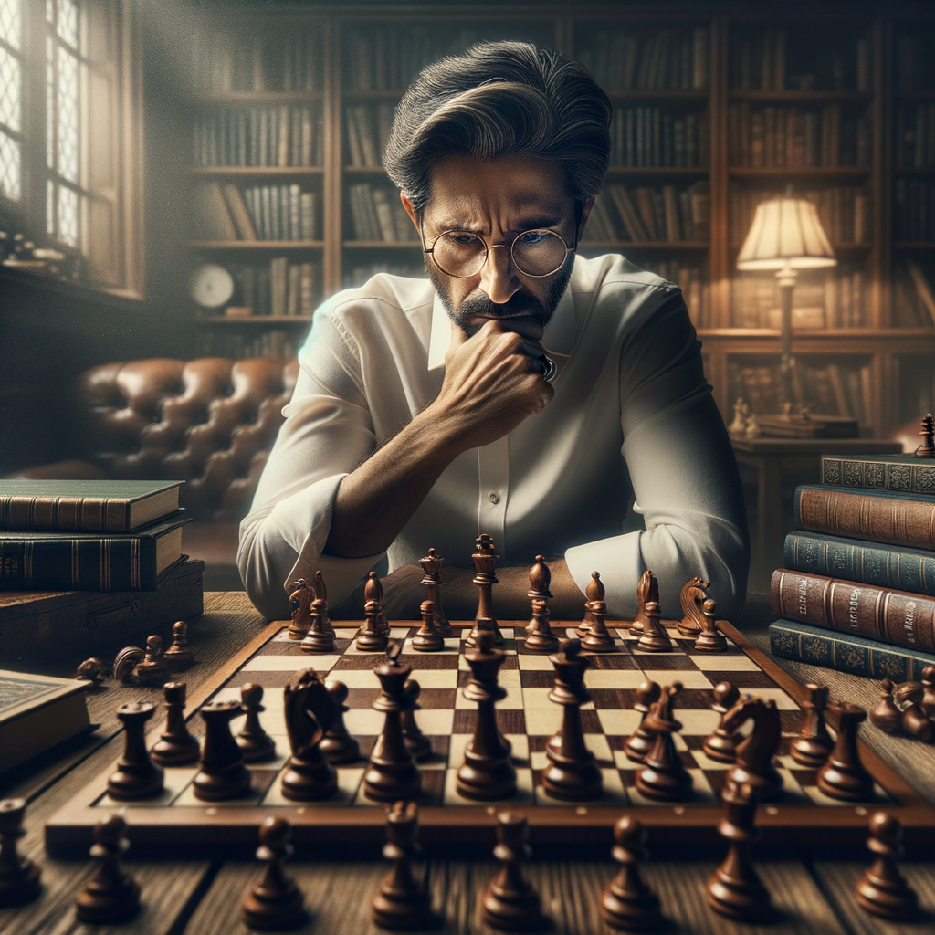 Professional chess player analyzing a complex game on a wooden board using advanced chess game analysis techniques, surrounded by chess strategy books, symbolizing the ultimate guide to chess mastery for improving skills and mastering chess strategies.