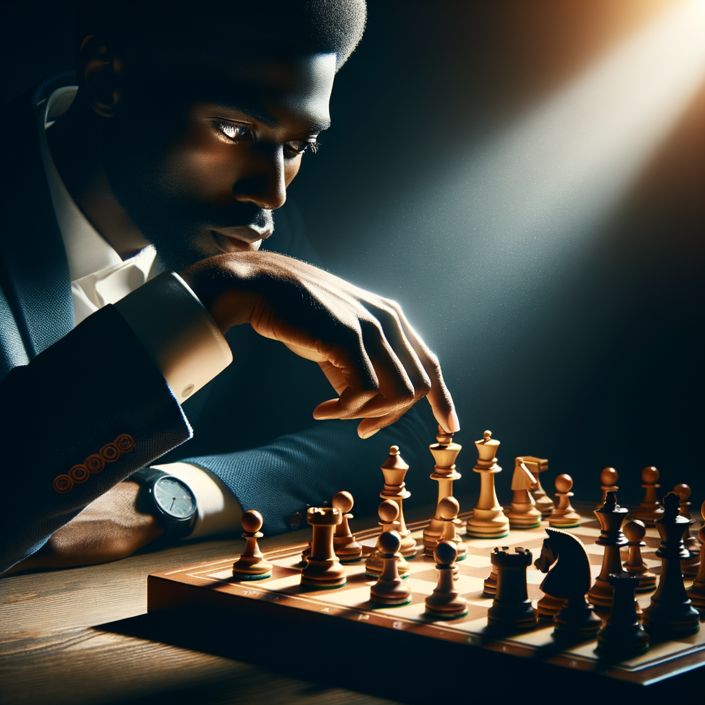Professional chess player mastering chess endgame techniques and powerful chess strategies on a spotlight-illuminated board, symbolizing power in chess and chess endgame domination.