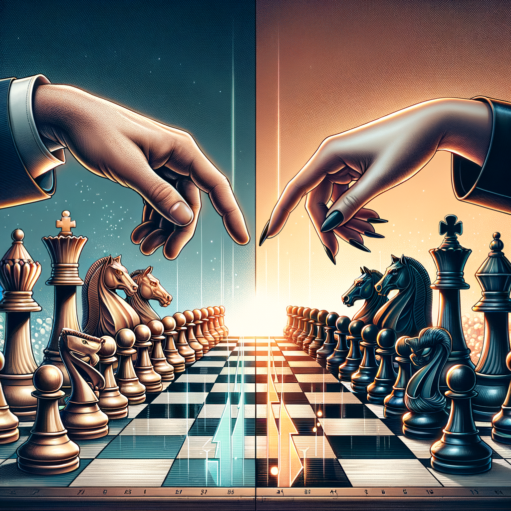 Chess Grandmasters and Chess Masters engaged in intense strategic gameplay, demonstrating differences in chess strategies, ranking systems, and techniques, highlighting the path to Chess Domination and becoming a Grandmaster.