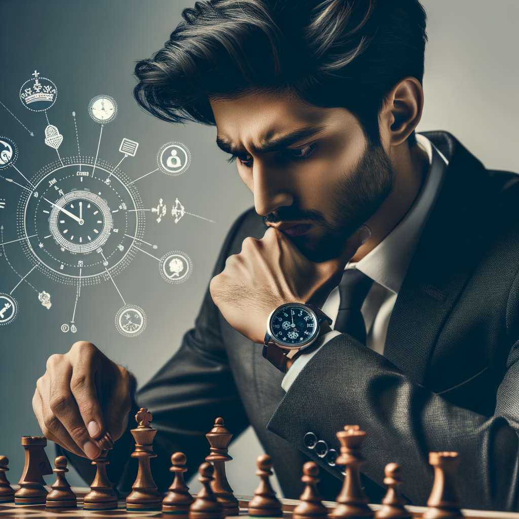 Professional chess player contemplating chess timer strategy, highlighting common chess timer mistakes and tips for maximizing chess moves and improving timer usage.