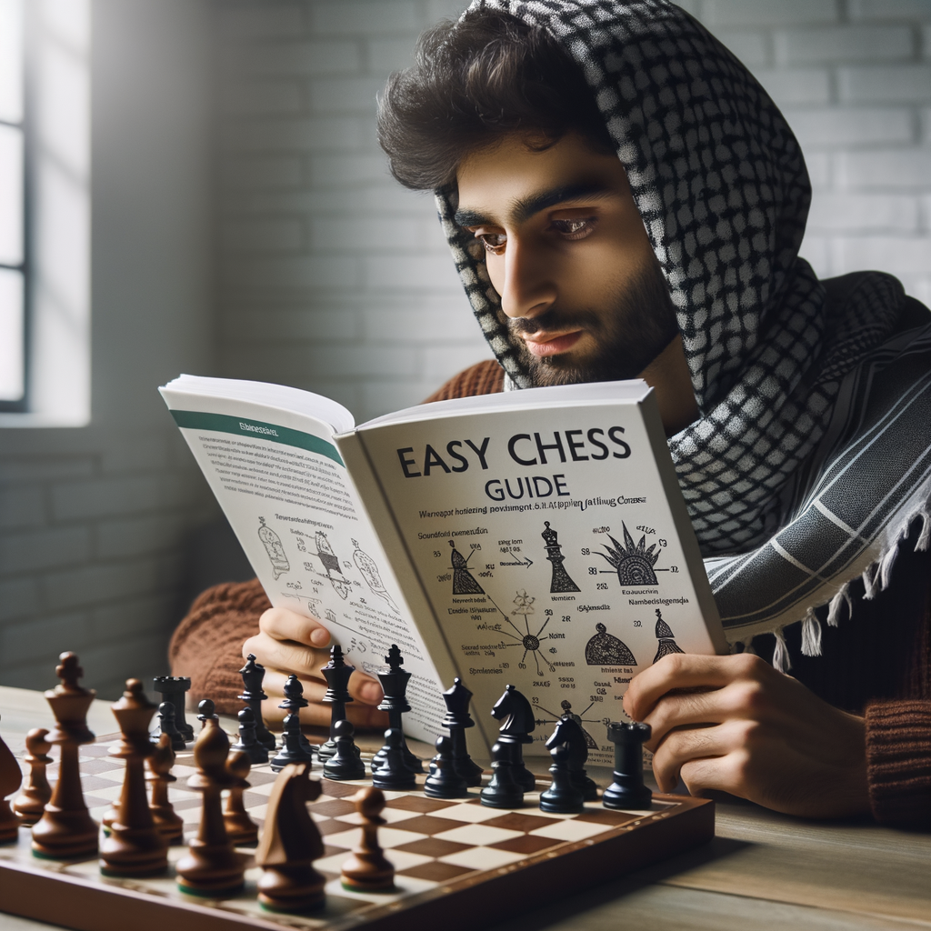Beginner chess player studying a chessboard with highlighted strategies and rules, using the 'Easy Chess Guide' for learning and playing chess, emphasizing the basics of chess for beginners.
