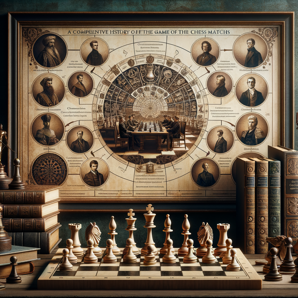 Vintage scholarly setting with historical chess games, Chess Chronicles and Chess Masters History books, chess study guide, and timeline of chess history highlighting key strategies for studying chess history and unearthing the best chess learning path.