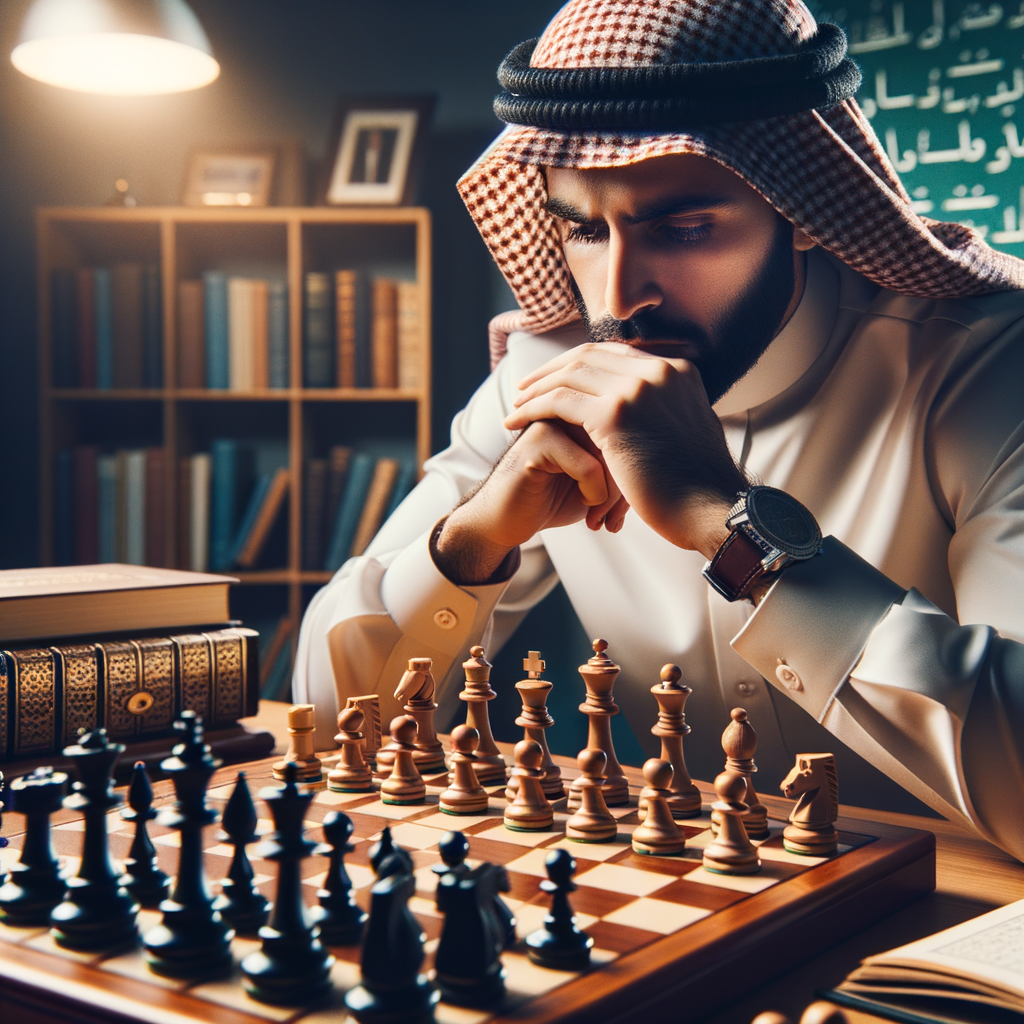Strategic mastermind deeply engrossed in mastering advanced chess strategies during a complex chess game, symbolizing the chess journey towards chess mastery with a chess strategy guide and training materials in the background.