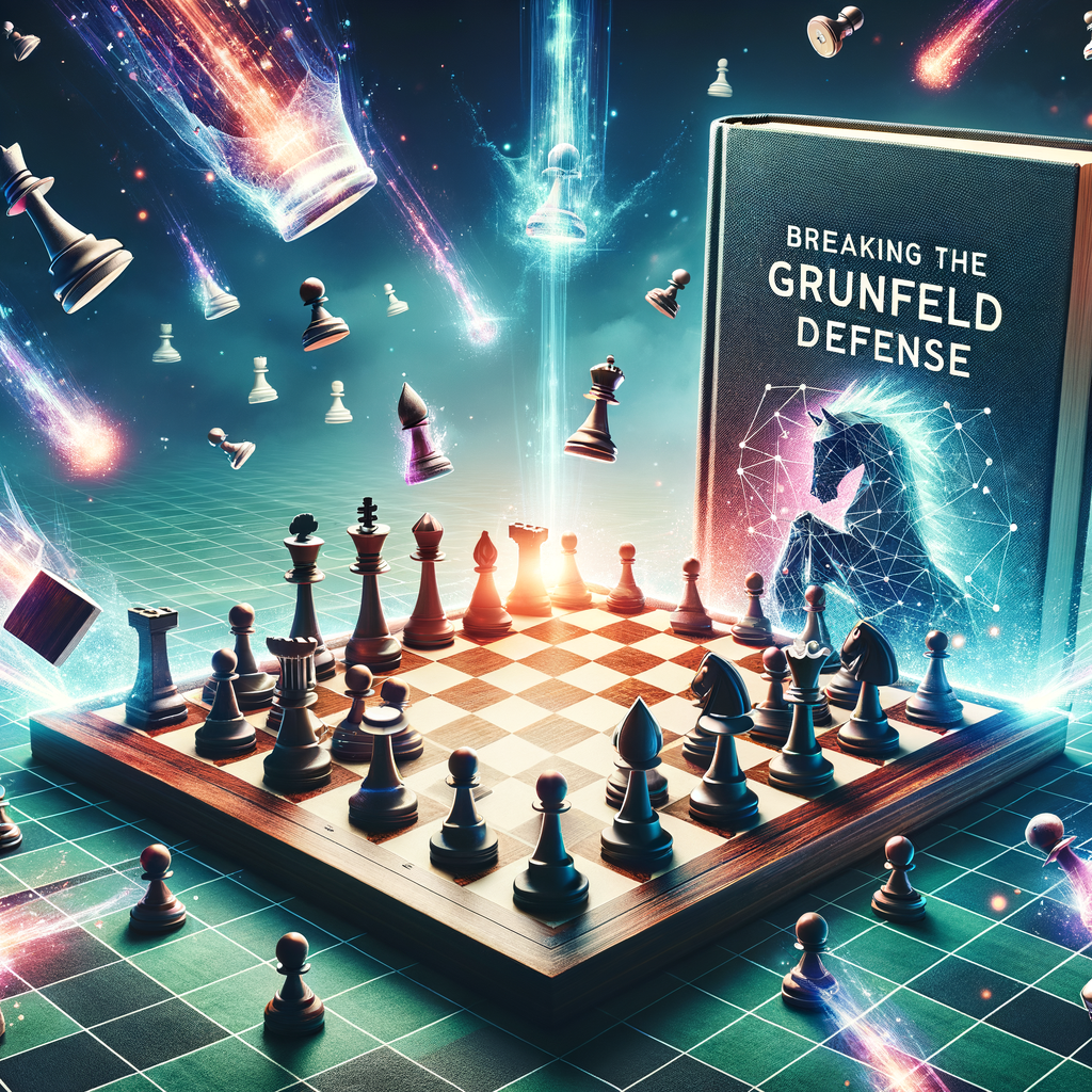 Advanced chess strategies in action with Grunfeld Defense chess strategy on a holographic board, alongside 'Breaking the Grunfeld Code' book, demonstrating chess triumph techniques and winning chess maneuvers for mastering Grunfeld Defense.