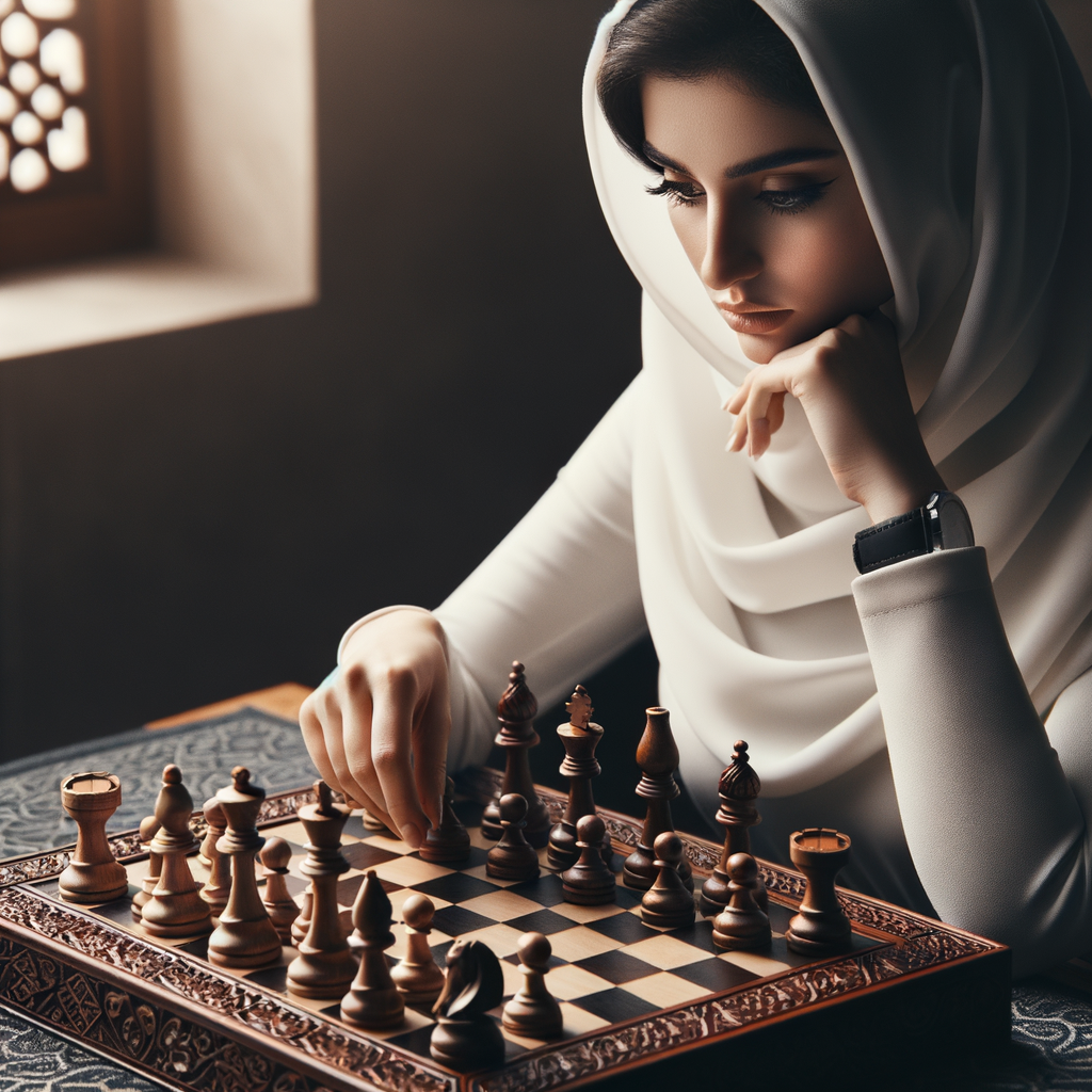 Professional chess player mastering queen's moves in a strategic chess game, showcasing advanced chess techniques, chess board mastery, and understanding of chess rules and strategies.