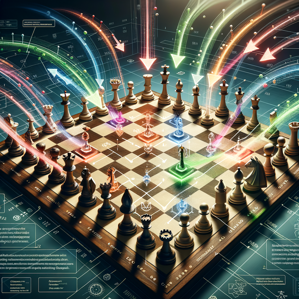 Advanced chess strategies illustrated through a professional chess board mid-game, showcasing the queen's strategic moves and chess tactics for mastering chess game strategy.