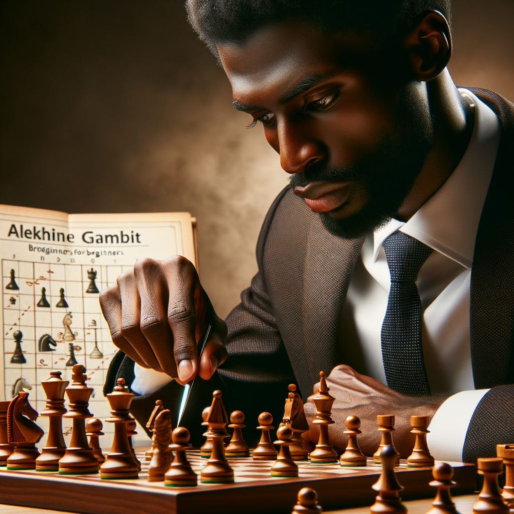 Professional chess player employing advanced Alekhine Gambit strategies to outwit opponent, symbolizing the journey from mastering Alekhine Gambit for beginners to executing complex chess moves.