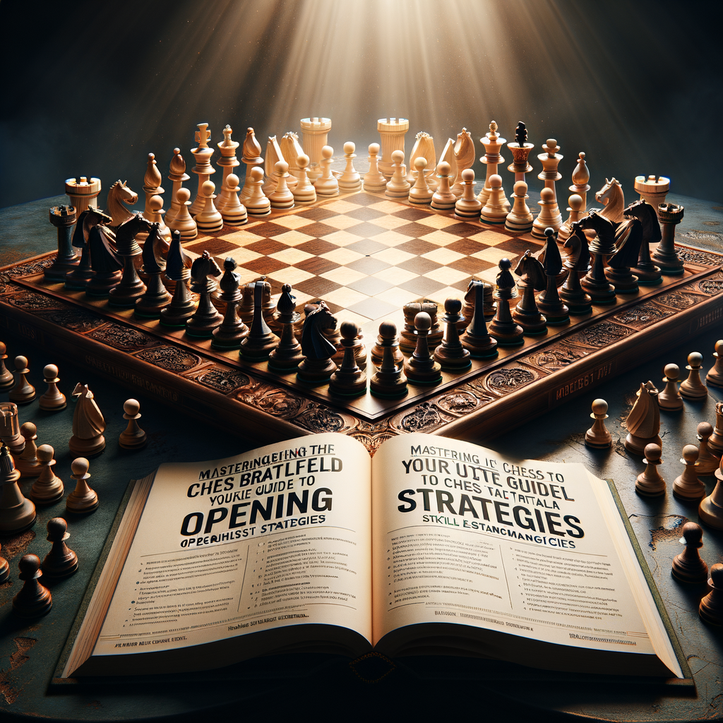Advanced chess techniques and opening strategies displayed on a grand chessboard with the ultimate chess guide 'Mastering the Chess Battlefield', perfect for mastering chess and improving your chess game.