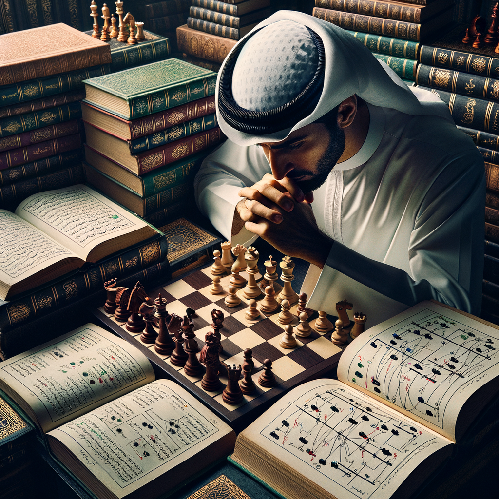 Professional chess player mastering the Sicilian Defense strategy, studying advanced chess tactics and openings with books and diagrams, demonstrating the complexity of Sicilian Defense techniques in chess game strategy.