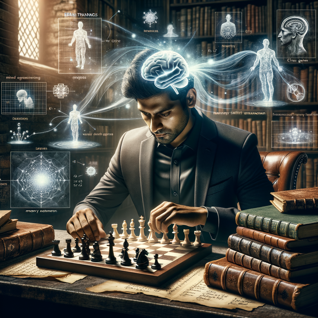Professional chess player mastering mind games and using chess strategies for memory enhancement, demonstrating brain training with chess for improving memory skills and mental skill enhancement.