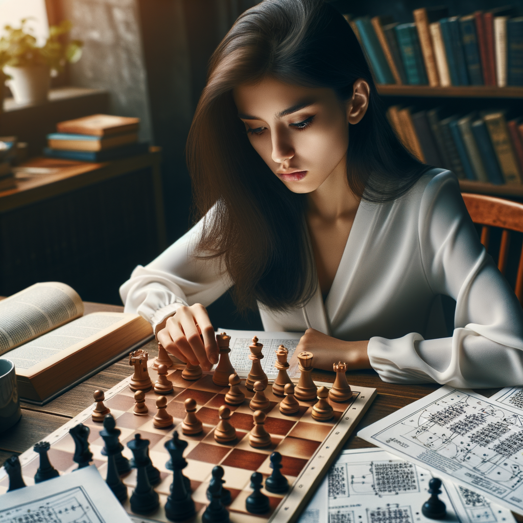 Professional chess player studying a chess guide and mastering chess openings, developing an effective chess repertoire and chess strategies to enhance chess skills.