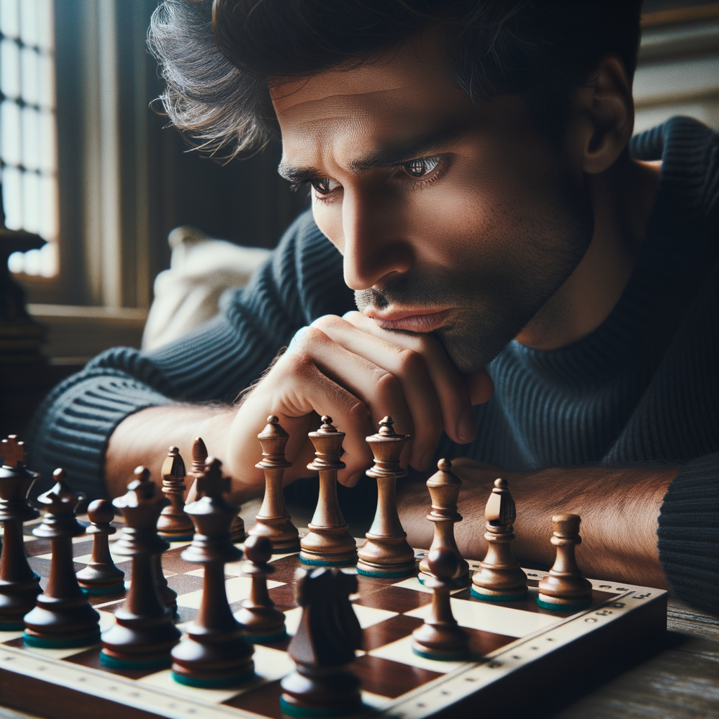 Professional chess player mastering advanced chess techniques, contemplating chess opening strategies on a well-setup board, symbolizing chess piece development as a chess game changer.