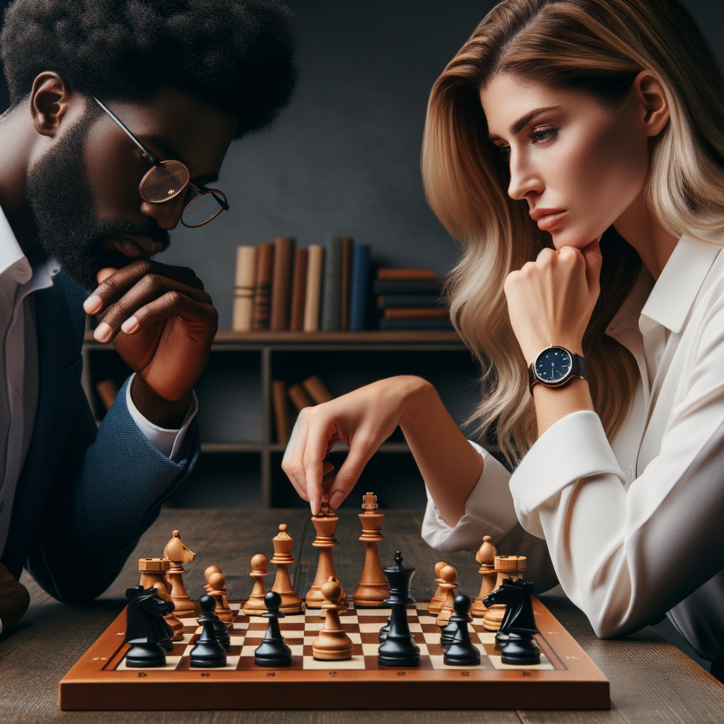 Professional chess player demonstrating advanced skills and chess tactics in a strategic game, showcasing mastery in chess positional strategies for strategic supremacy.
