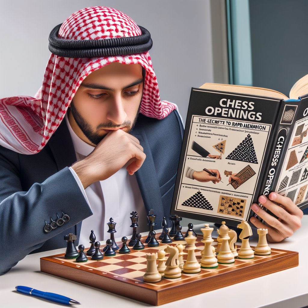 Professional chess player studying Chess Opening strategies from 'Chess Openings: The Secrets to Rapid Memorization' book, applying rapid memorization techniques and chess tactics to improve chess memory and learn chess openings quickly.