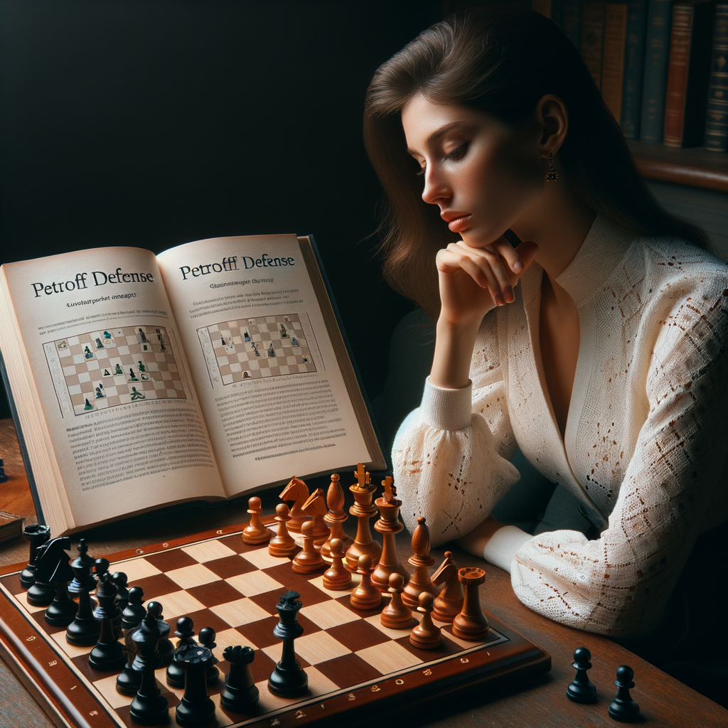 Professional chess player mastering Petroff Defense techniques with a guidebook and highlighted chessboard illustrating advanced Petroff Defense tactics and chess defense strategies.
