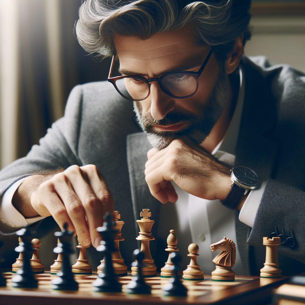 Professional chess player strategizing against the Sicilian Defense, demonstrating advanced chess techniques and mastery in chess strategy and defense tactics.