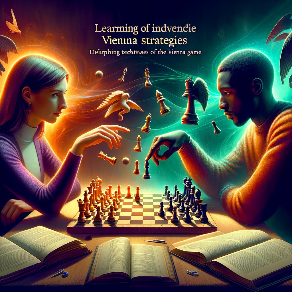 Two players deeply engrossed in a chess game, mastering Vienna Game strategies and advanced techniques to outwit their opponent, reflecting the process of decoding and understanding Vienna Game mastery.