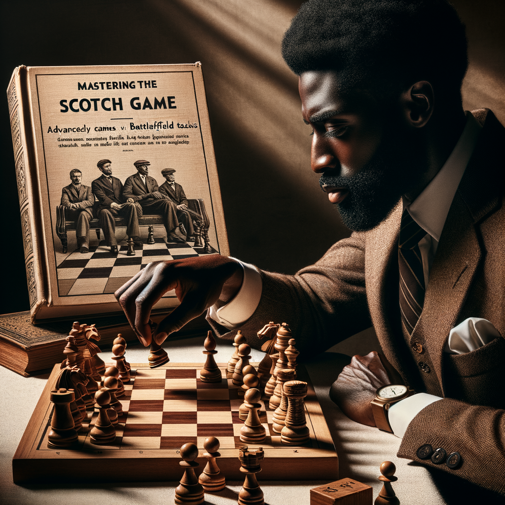 Professional chess player applying advanced Scotch Game techniques and chess battlefield tactics for game mastery, with a Scotch Game strategy guidebook in the background.