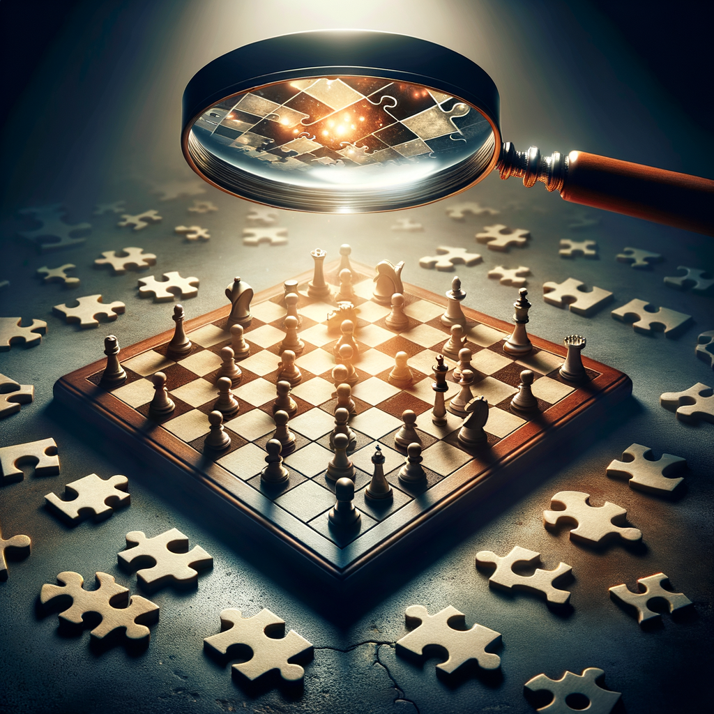 Captivating image of a magnifying glass revealing hidden squares on a chess board puzzle, surrounded by scattered puzzle pieces symbolizing chess board mystery and puzzle solving strategies.