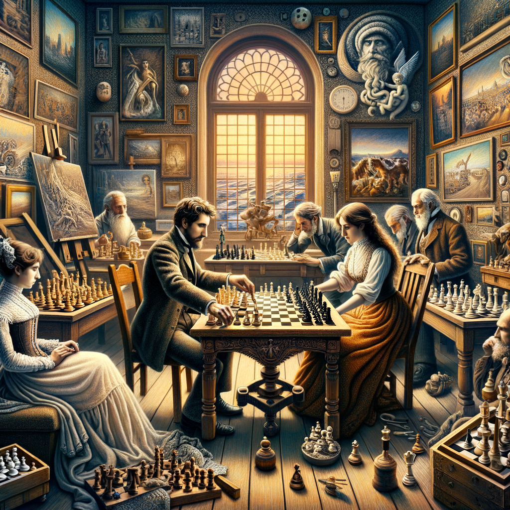 Artistic representation of a historical chess game in progress, showcasing the rich history of chess in art, with various chess pieces symbolizing different historical periods, surrounded by other chess paintings and artworks in a classic artist's studio.