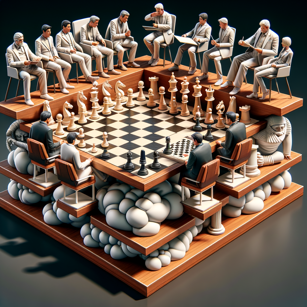 3D illustration of a chess board mid-game, showcasing common chess opening mistakes and strategies for beginners to avoid beginner chess errors and pitfalls