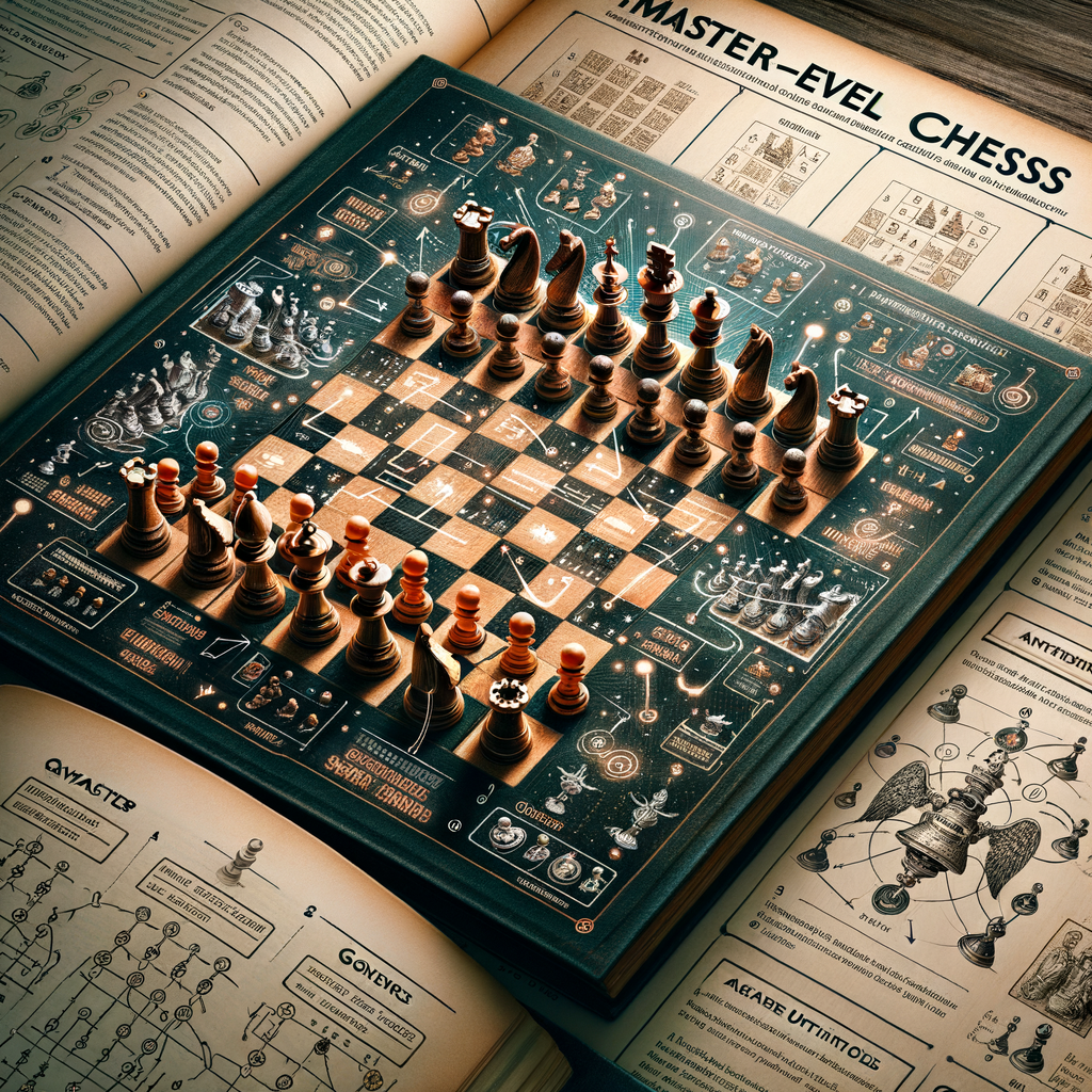Chess Grandmaster game analysis with high-level strategies and move annotations on a detailed chessboard, alongside an open beginner's guide to chess explaining Grandmaster techniques - a transition from beginner's insights to understanding advanced chess play.