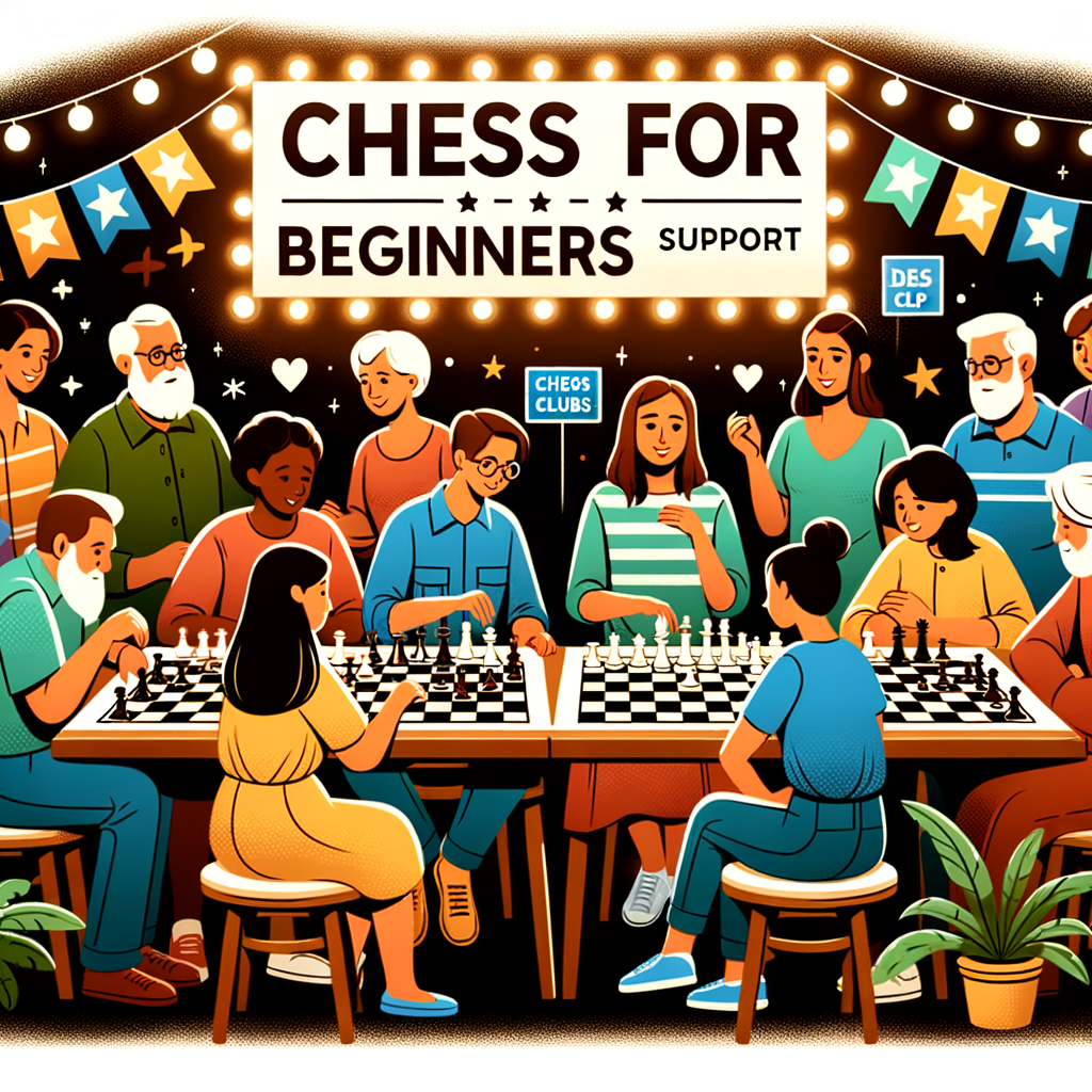 Diverse group of beginners at a local chess club meeting, showcasing signs for 'Chess for Beginners' and 'Beginner Chess Club Support', embodying a supportive chess community for beginners in the area