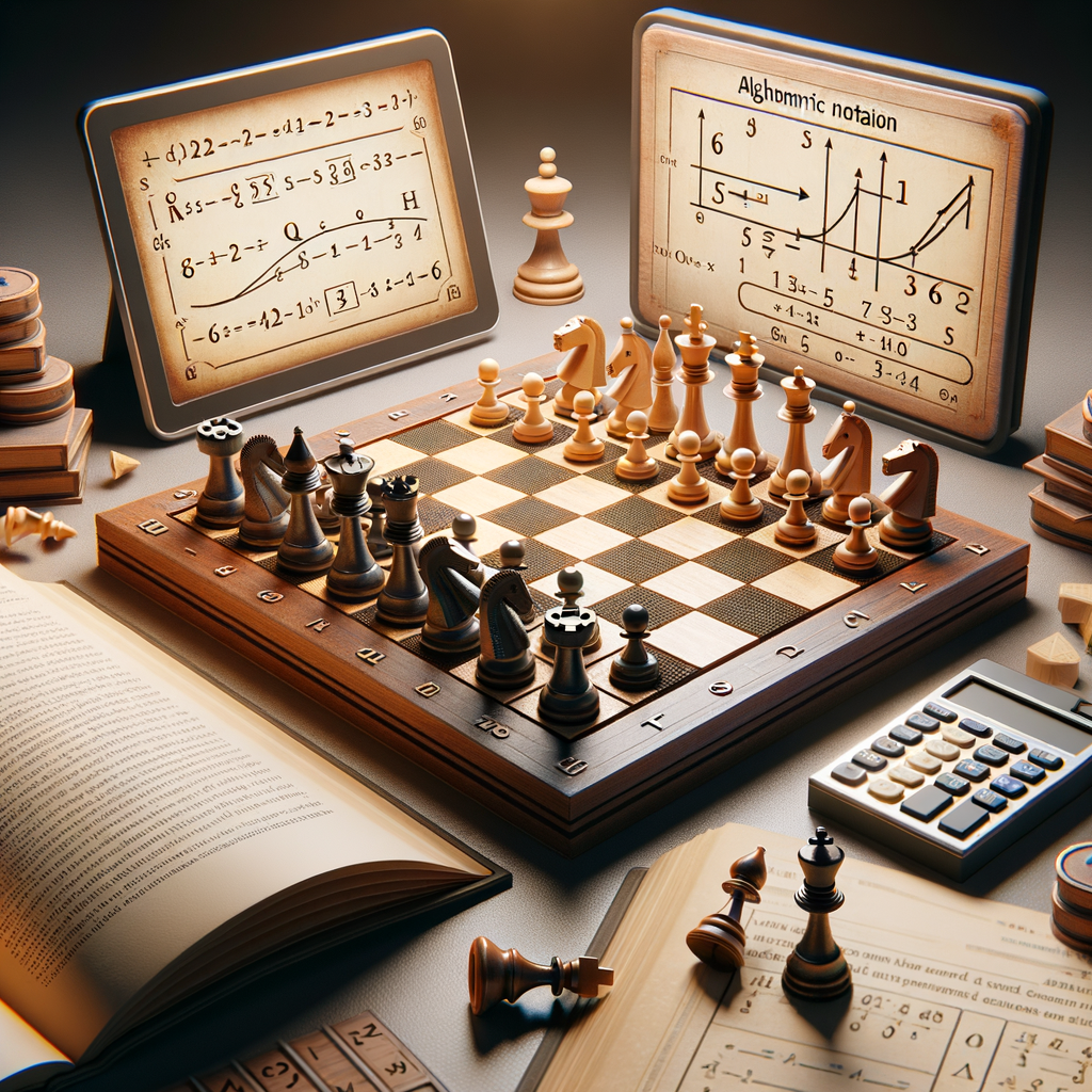 Beginner's chess notation tutorial featuring a chess board with pieces in game scenario, algebraic notation annotations, and a guidebook for understanding chess notation easily.