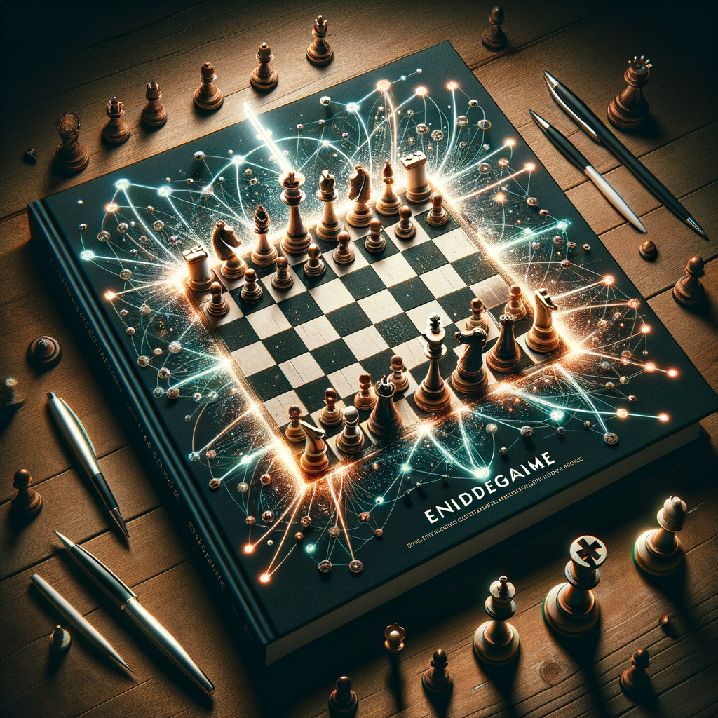 Chess board illustrating key endgame concepts and winning chess strategies with a beginner's guidebook, perfect for simplifying endgame techniques and introduction to chess.