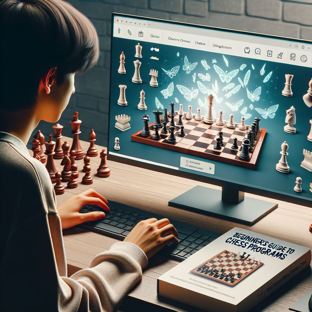 Beginner chess player learning chess software on a computer with an easy-to-navigate interface, using a 'Beginner's Guide to Chess Programs' for an introduction to useful chess tools for beginners.
