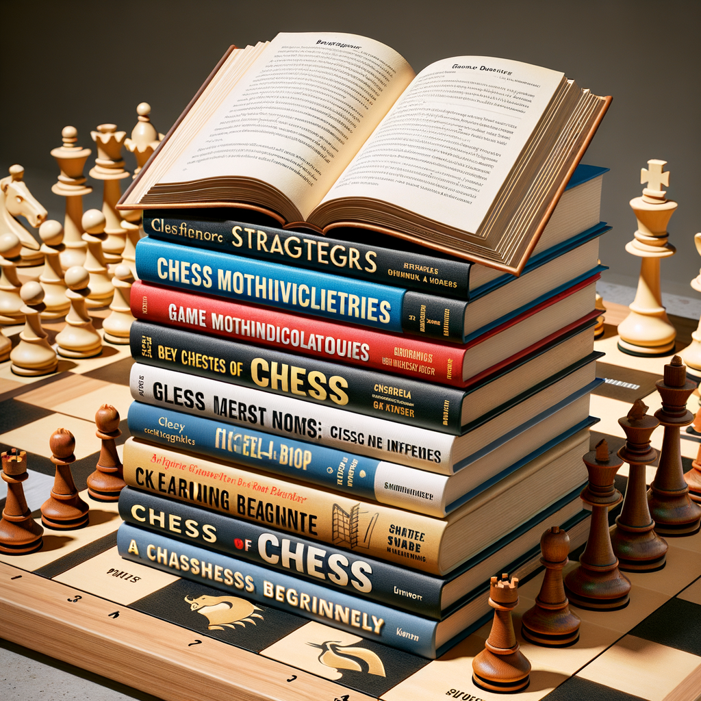 Beginner chess strategies displayed in recommended chess strategy books for beginners, with an introduction to chess and chessboard in the background, symbolizing the learning journey in chess guide for beginners.