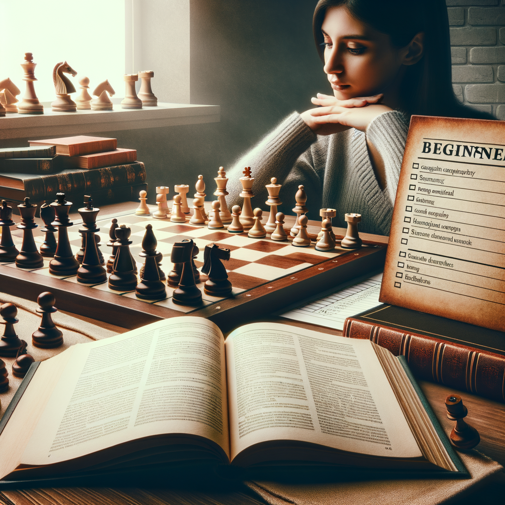 Beginner chess tips and strategies displayed on a professional chess board for tournament preparation, with a guidebook and checklist enhancing chess performance, symbolizing improvement in chess tournament tactics and preparation for first chess tournament.