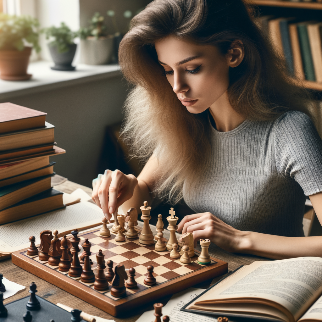 Professional chess player analyzing a chess game on a wooden board, using 'Beginner's Guide to Chess' and notes on chess strategies for beginners, demonstrating chess game analysis and reading techniques for understanding and learning to analyze chess games.