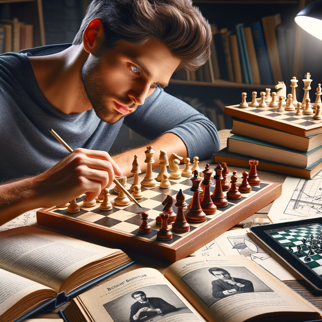 Beginner chess player engrossed in off-the-board training, using practical chess exercises and strategies from books and digital tablet for skill improvement, symbolizing the process of chess training for beginners.